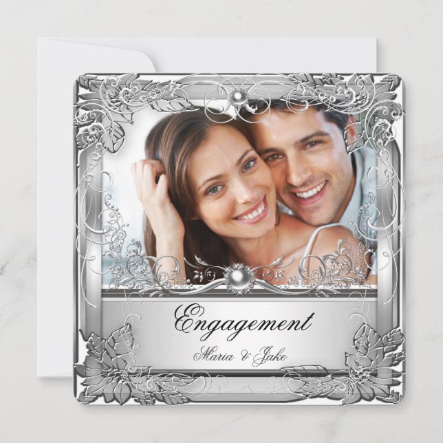 Invitation Photo de l'engagement en argent blanc métallique (Devant)