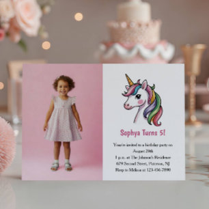 Invitation Photo de licorne rose mignonne pour fête d'anniver