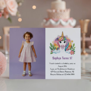 Invitation Photo de licorne violette mignonne pour fête d'ann