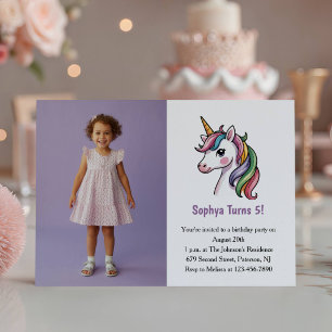 Invitation Photo de licorne violette mignonne pour fête d'ann