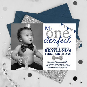Invitation photo de M. Onederful, bleu et argent