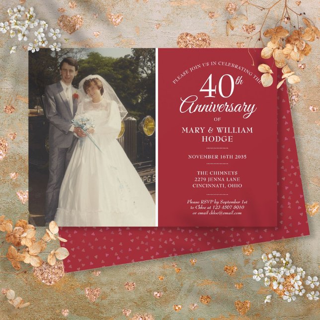 Invitation Photo de mariage 40e anniversaire Cœur rubis Confe (40th Anniversary Wedding Photo Ruby Heart Confetti Invitation)