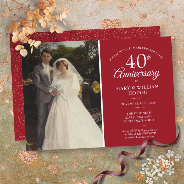 Invitation Photo de mariage 40e Anniversaire Confettis Rubis (40th Anniversary Wedding Photo Ruby Confetti Invitation)