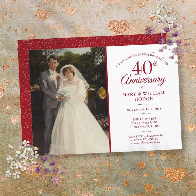 Invitation Photo de mariage 40e anniversaire Élégant Rubis (Wedding Photo 40th Anniversary Elegant Ruby Invitation)