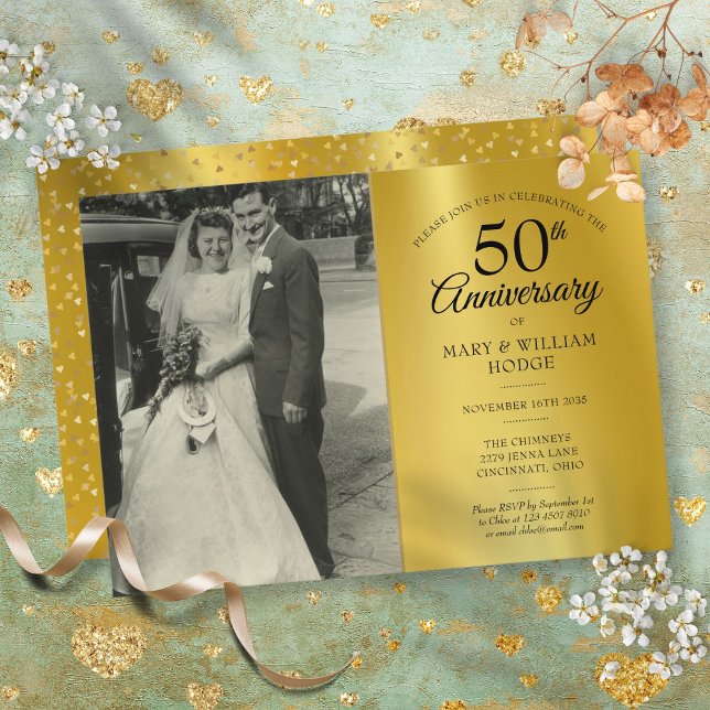 Invitation Photo de mariage 50e anniversaire sous feuille d'o (50th Anniversary Gold Foil Wedding Photo Invitation)