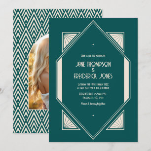 Invitation Photo de mariage Art Déco Ocean Teal & Pale Sand