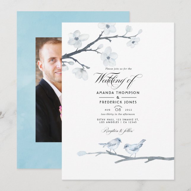 Invitation Photo de mariage aux fleurs de cerisier blanches (Devant / Derrière)