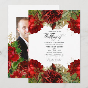 Invitation Photo de mariage aux roses chic vintage Bourgogne 