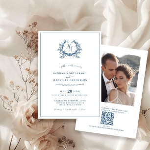 Invitation Photo de mariage avec code QR et blason floral ble