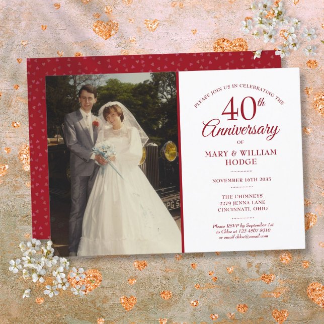 Invitation Photo de mariage avec confettis en forme de cœur r (40th Anniversary Ruby Heart Confetti Wedding Photo Invitation)