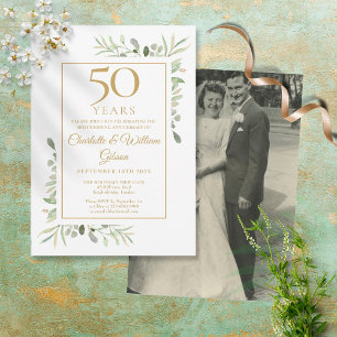 Invitation Photo de mariage avec verdure aquarelle pour 50e a