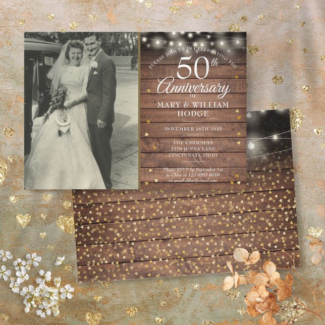 Invitation Photo de mariage Cœurs en or Rustique 50e Annivers (50th Anniversary Rustic Gold Hearts Wedding Photo Invitation)
