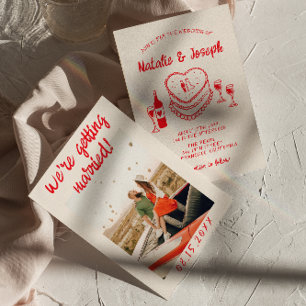 Invitation Photo de mariage de gâteau original rouge dessiné 