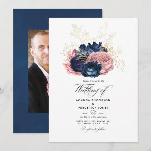 Invitation Photo de Mariage de la Marine bleu et rose Rose Vi