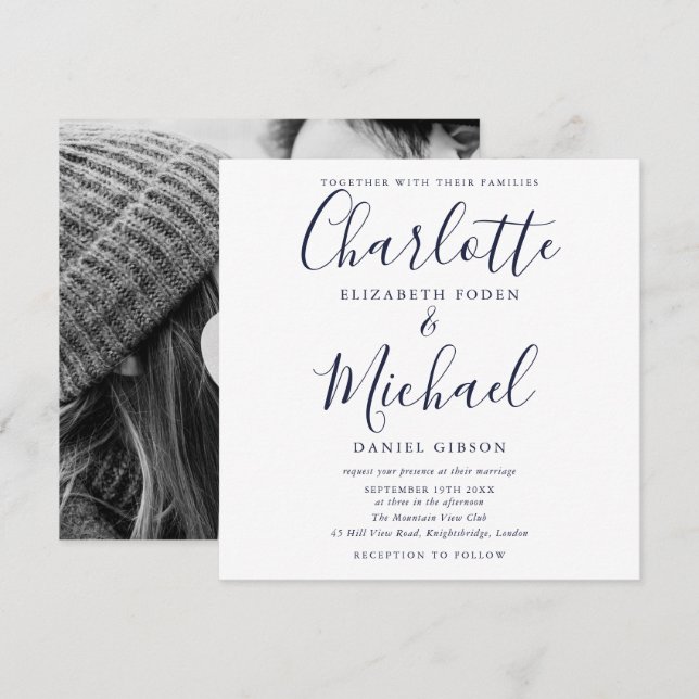 Invitation Photo de mariage élégant à l'encre bleue marine (Devant / Derrière)