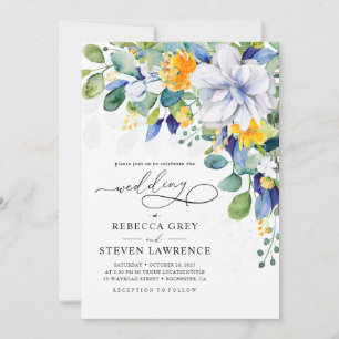 Invitation Photo de mariage élégant floral jaune et bleu