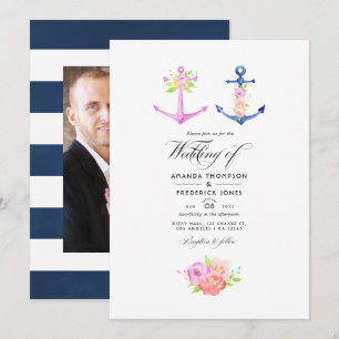 Invitation Photo de mariage floral à thème nautique aquarelle