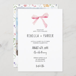 Invitation Photo de mariage floral Bow rose vif et code Qr