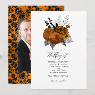 Invitation Photo de Mariage floral d'Halloween noir et orange