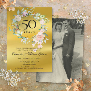Invitation Photo de mariage floral feuille d'or 50e anniversa