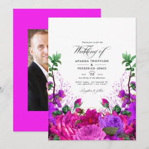 Invitation Photo de mariage floral fuchsia et violet vintage