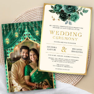Invitation Photo de mariage floral indien hindou or émeraude