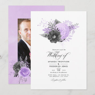 Invitation Photo de mariage floral lilas et charbon