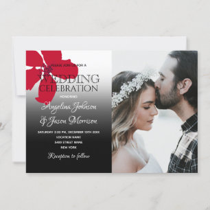 Invitation Photo de mariage floral rustique rouge, noir et bl