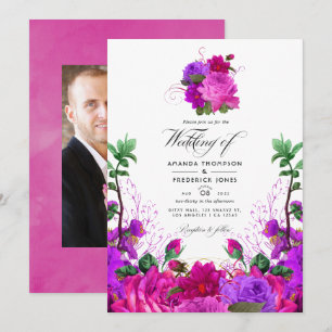 Invitation Photo de mariage floral vintage fuchsia et violet
