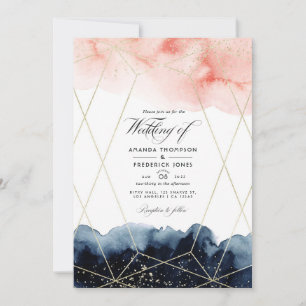 Invitation Photo de mariage géométrique à l'aquarelle Navy et