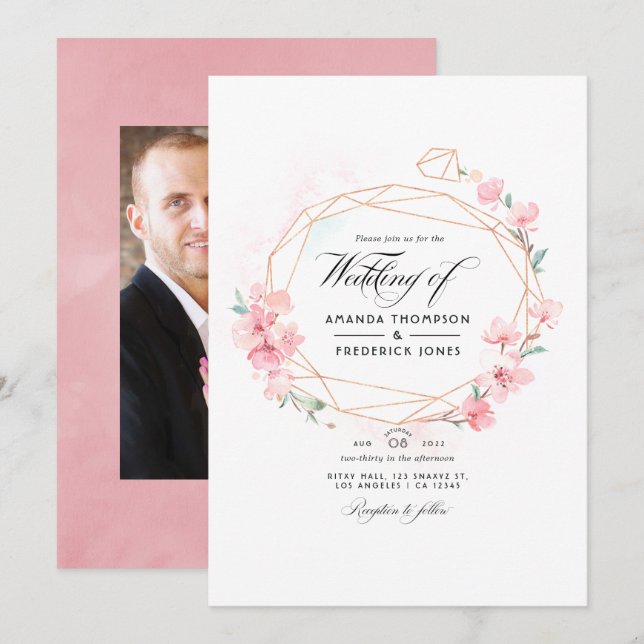 Invitation Photo de mariage géométrique rose Fleur de Cerisie (Devant / Derrière)