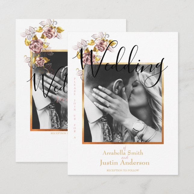 Invitation Photo de mariage personnalisée Floral Gold Script  (Devant / Derrière)