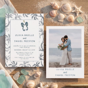 Invitation Photo de mariage sur la plage avec hippocampe bleu