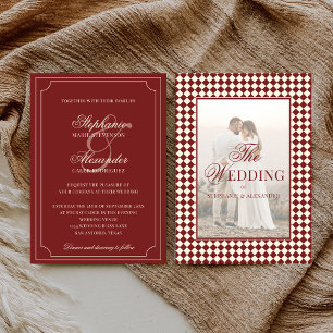 Invitation Photo de mariage vintage rouge foncé à carreaux d'