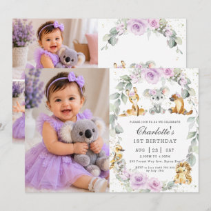 Invitation Photo de naissance Floral Violet Animaux Australie