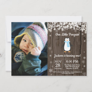 Invitation Photo de naissance garçon hiver Manchot rustique