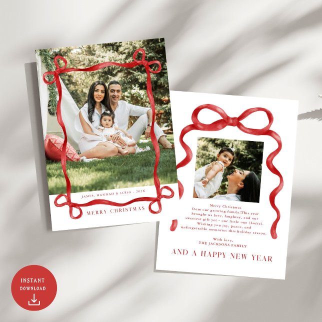 Invitation Photo de Noël moderne Red Bow Joyeux (Créateur téléchargé)