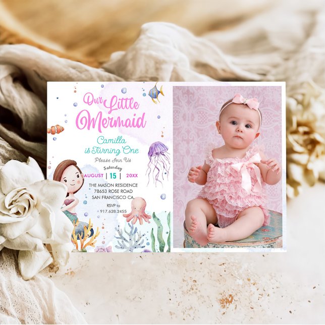 Invitation Photo de notre petite fille de sirène 1er annivers (Créateur téléchargé)