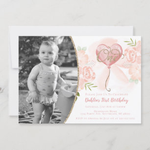 Invitation photo de premier anniversaire rose flor
