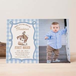 Invitation Photo de premier rodéo à gingham bleu vintage