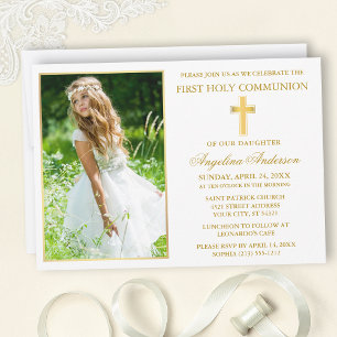 Invitation Photo de première communion élégante en or