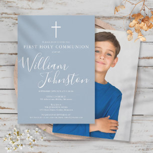 Invitation Photo de première communion moderne en bleu poussi