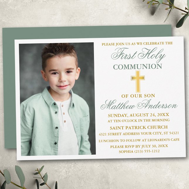 Invitation Photo de Première Sainte Communion Vert Sauge Or (Customize to change text color,  size, style or to change color of back of card.)