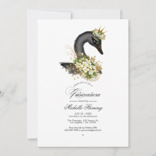 Invitation Photo de Quinceañera au cygne floral noir et or