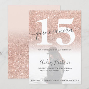 Invitation photo de quincénanera rose rousse à parties scinti