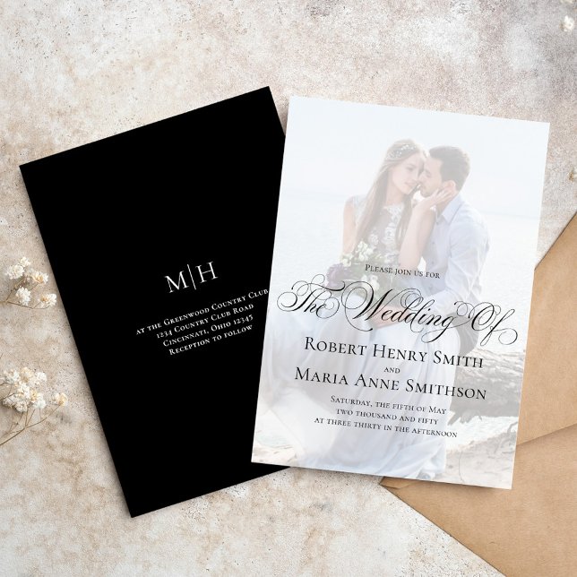 Invitation Photo de script de calligraphie noir et blanc (Elegant Black and White Calligraphy Script photo Wedding invitation)