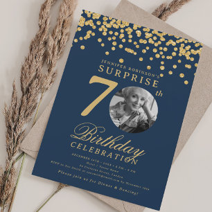 Invitation Photo de SURPRISE 70 Anniversaire Or Confettis Ble