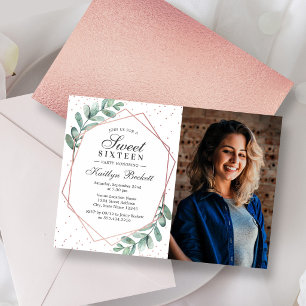 Invitation Photo de Sweet Sixteen géométrique Eucalyptus Rose