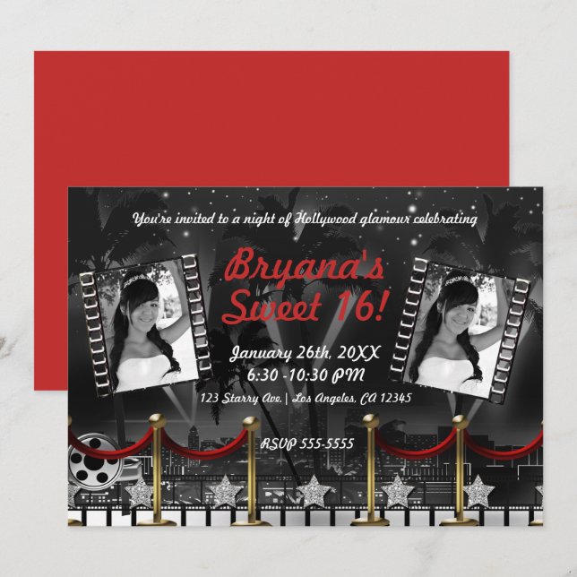 Invitation Photo de tapis rouge Hollywood noir et blanc vinta (Devant / Derrière)