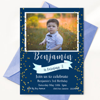 Invitation Photo de troisième anniversaire bleu et or